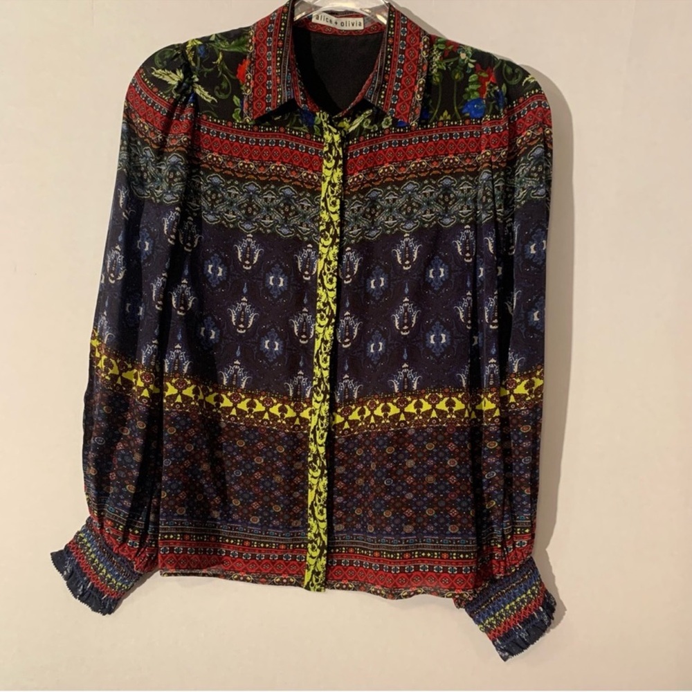 Alice + Olivia Womens Willa Smocked Blouson long Sleeves Floral Silk Size XS/TP